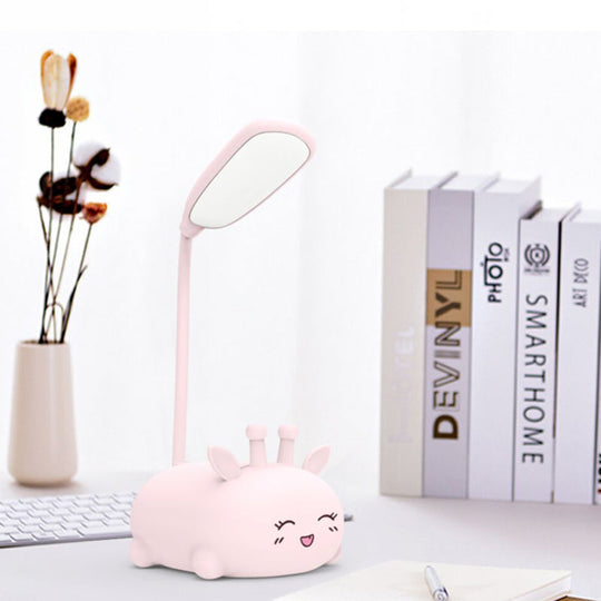 Sika Deer Cartoon Desk Lamp: Kids Plastic Led Night Light With Flexible Arm In White/Pink/Blue