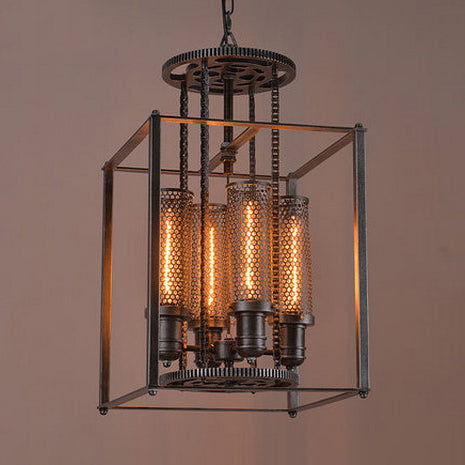 Black Metal Pendant Light With Inner Cylindrical Shade - Antique Style 4 Lights Indoor Chandelier