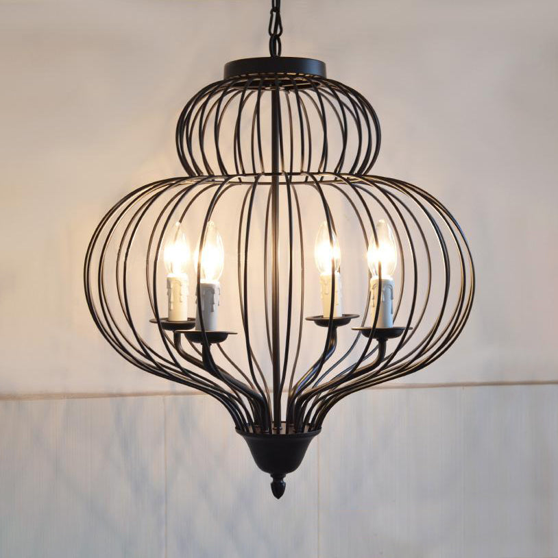 Large Vintage Style Pendant Light With Metal Black Cage Shade And 4 Candle Lights