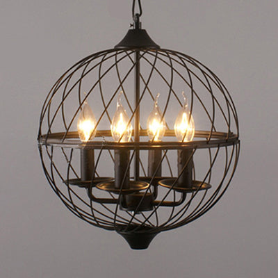 Iron Black Chandelier with Mesh Shade - 4-Bulb Industrial Ceiling Light for Dining Room