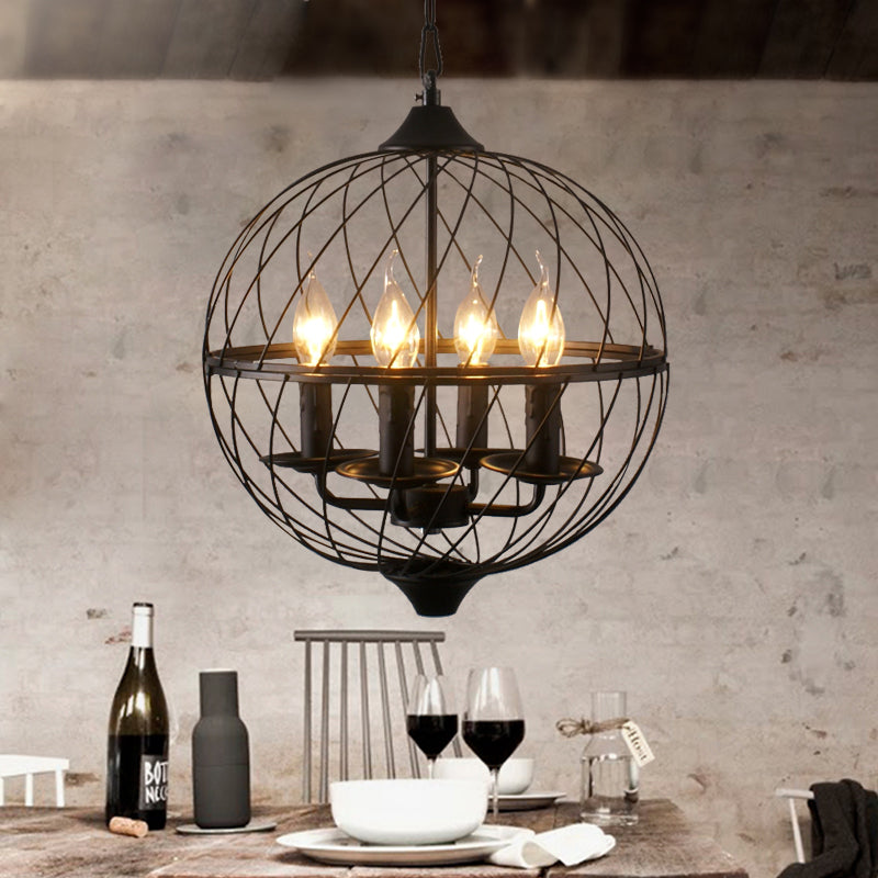 Industrial Iron Black Chandelier With Global Mesh Shade And Adjustable Chain - Perfect For Dining