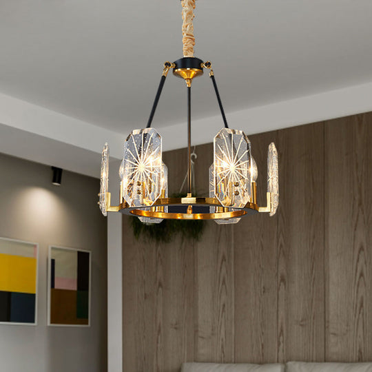 Gold Circular Crystal Panels Chandelier - Postmodern 6-Head Living Room Pendant Light