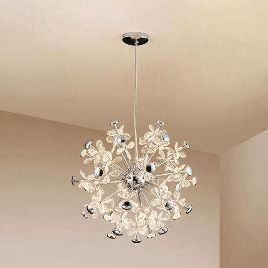 Modern Chrome Starburst Chandelier - 12 Heads, Floral Crystal, Dining Room Hanging Lamp