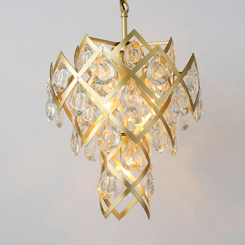 Gold Crisscrossed Chandelier With 4 Lights And Faceted Crystal Drip Pendant