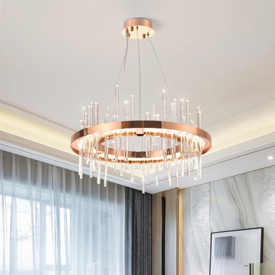 Modern Crystal Strip LED Chandelier - Rose Gold Circle Ceiling Suspension Lamp for Bedroom