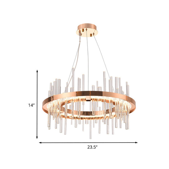 Modern Crystal Strip LED Chandelier - Rose Gold Circle Ceiling Suspension Lamp for Bedroom