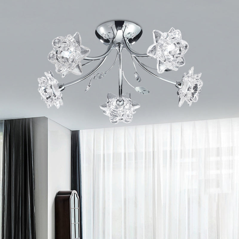 Modern Polished Chrome Crystal Blossom Chandelier - Semi Flush 5-Head Ceiling Mount