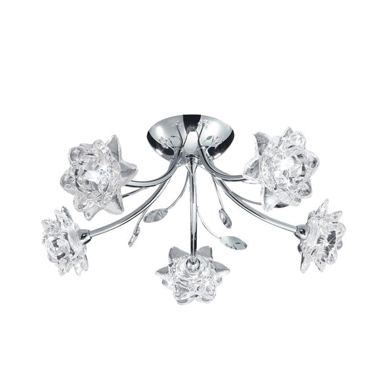 Modern Polished Chrome Crystal Blossom Chandelier - Semi Flush 5-Head Ceiling Mount