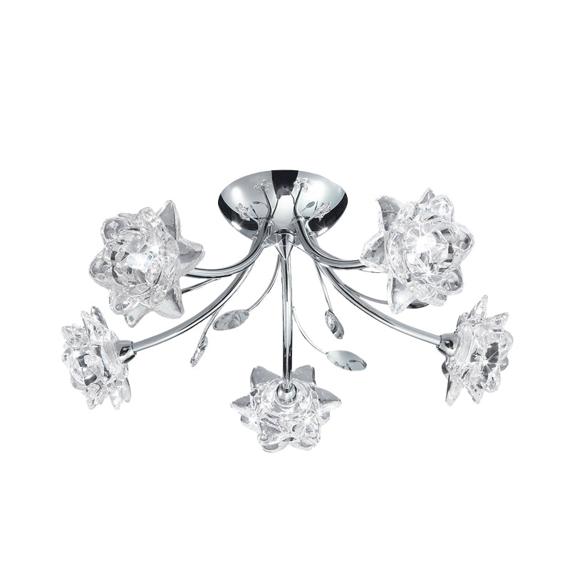 Modern Polished Chrome Crystal Blossom Chandelier - Semi Flush 5-Head Ceiling Mount