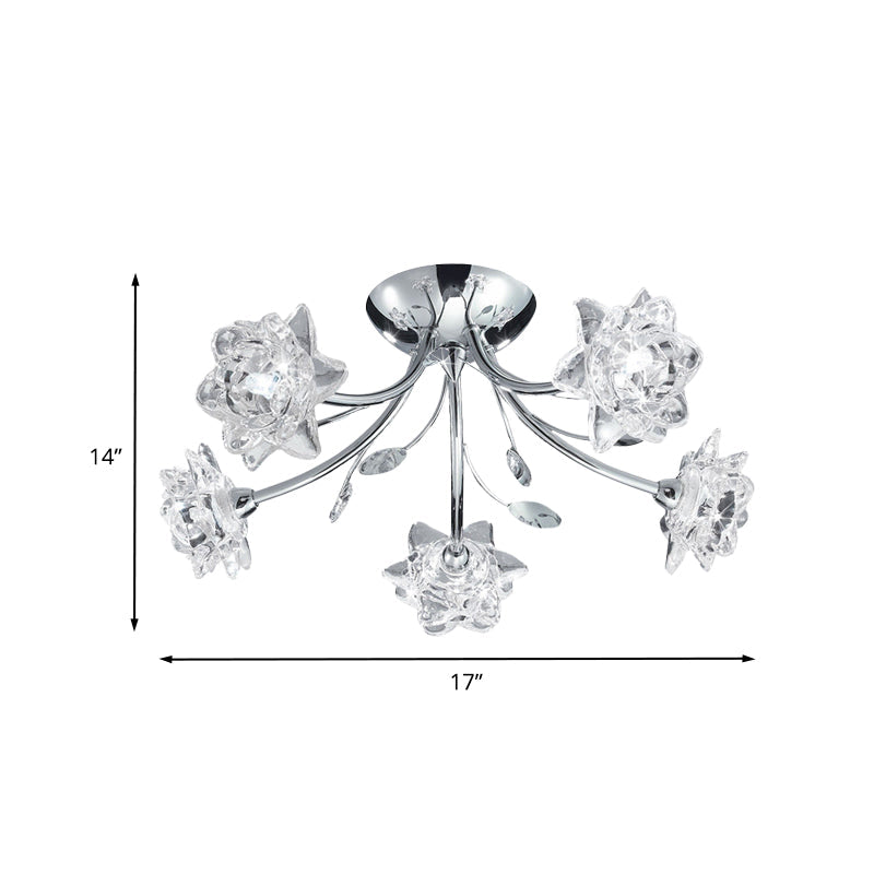 Modern Polished Chrome Crystal Blossom Chandelier - Semi Flush 5-Head Ceiling Mount