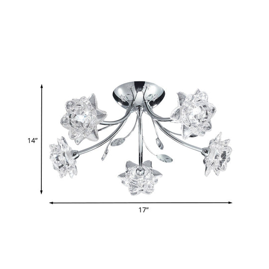 Modern Polished Chrome Crystal Blossom Chandelier - Semi Flush 5-Head Ceiling Mount