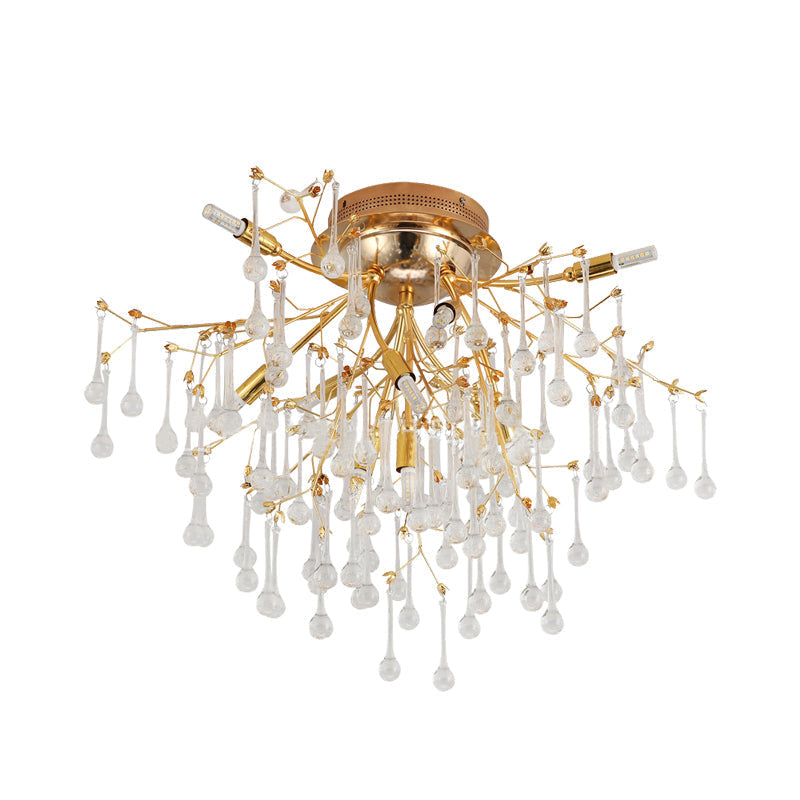 Cascade Bedroom Traditional Crystal 10-Head Semi Flush Ceiling Lamp - Gold