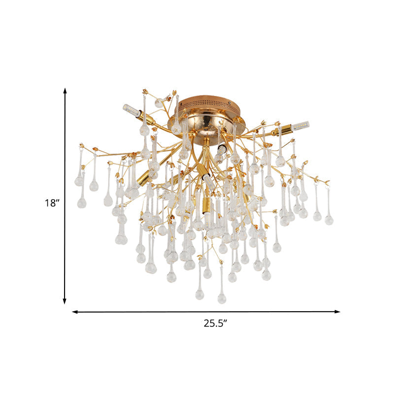 Cascade Bedroom Traditional Crystal 10-Head Semi Flush Ceiling Lamp - Gold