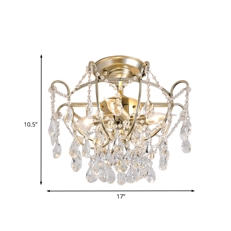 Vintage Crystal Strand Gold Bowl Cage Ceiling Light with Semi Flush Mount - 4-Light Lounge Fixture