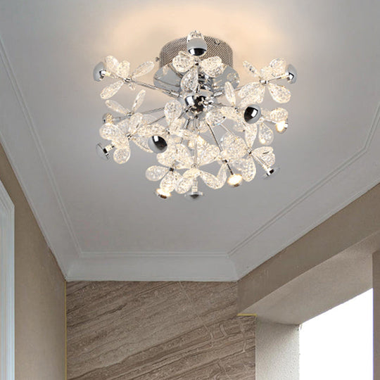 Modern Chrome Crystal Floral LED Ceiling Light - Semi Flush Mount Fixture