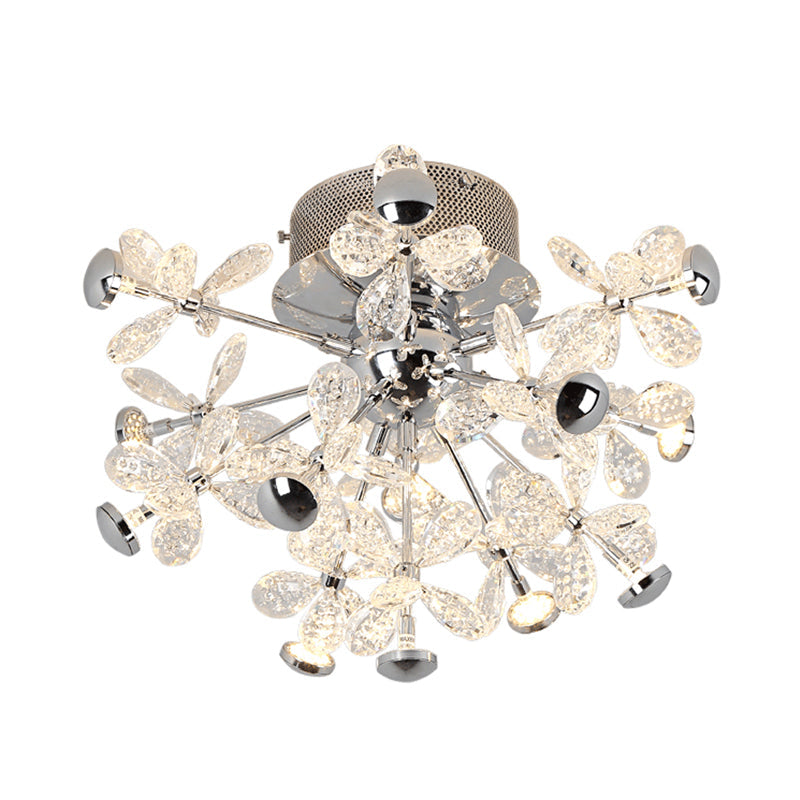 Modern Chrome Crystal Floral LED Ceiling Light - Semi Flush Mount Fixture