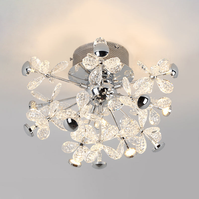 Modern Chrome Crystal Floral LED Ceiling Light - Semi Flush Mount Fixture