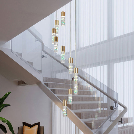 Spiral Cluster Tube Pendant: 10-Light Modern Gold Acrylic Hanging Fixture