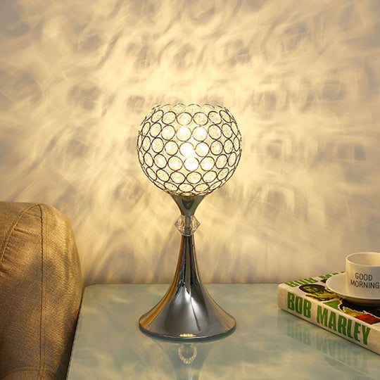 Silver Curved Crystal-Infused Table Light With Globe Lampshade - Lounge Night Lamp