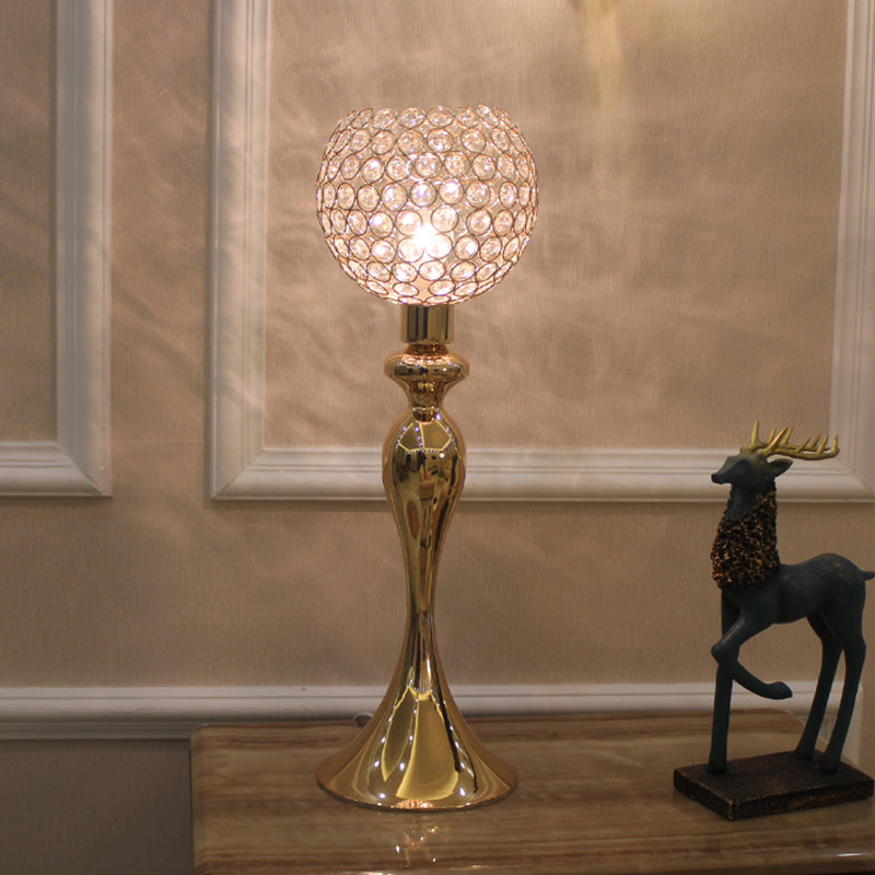 Traditional Metal Table Lamp With Crystal Shade - Gold Curvaceous Nightstand Light 1 Bulb Bedroom