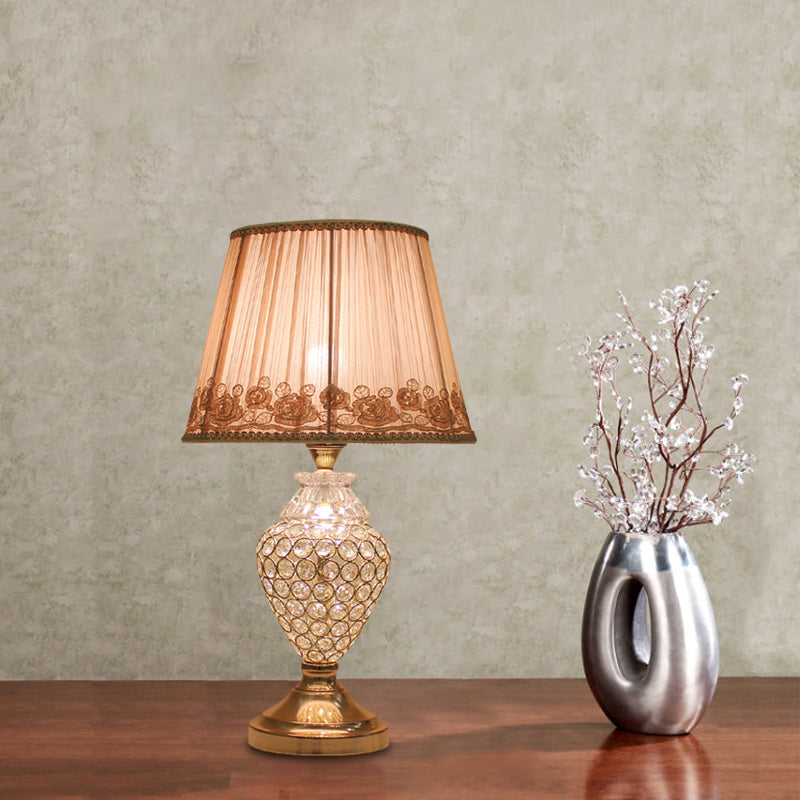 Greta - Rural 1 Head Rose-Trim Conical Table Light Rural Gold Pleated Fabric Night Lamp with Pot Crystal Base