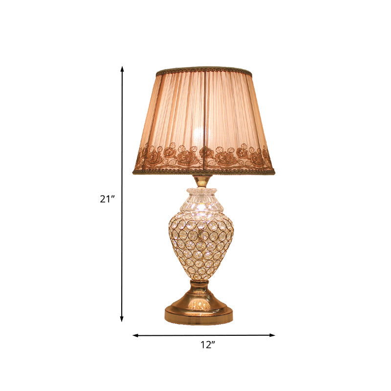 Rose-Trim Conical Table Light With Crystal Base - Rustic Gold Pleated Fabric Lamp