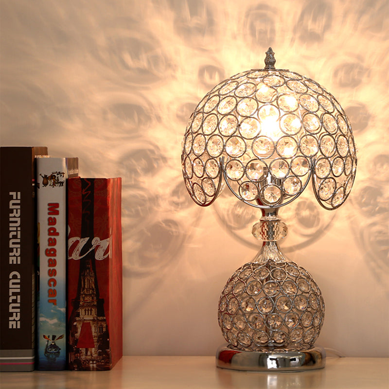 Stylish Crystal Silver Bedside Table Lamp With Scalloped Dome Design