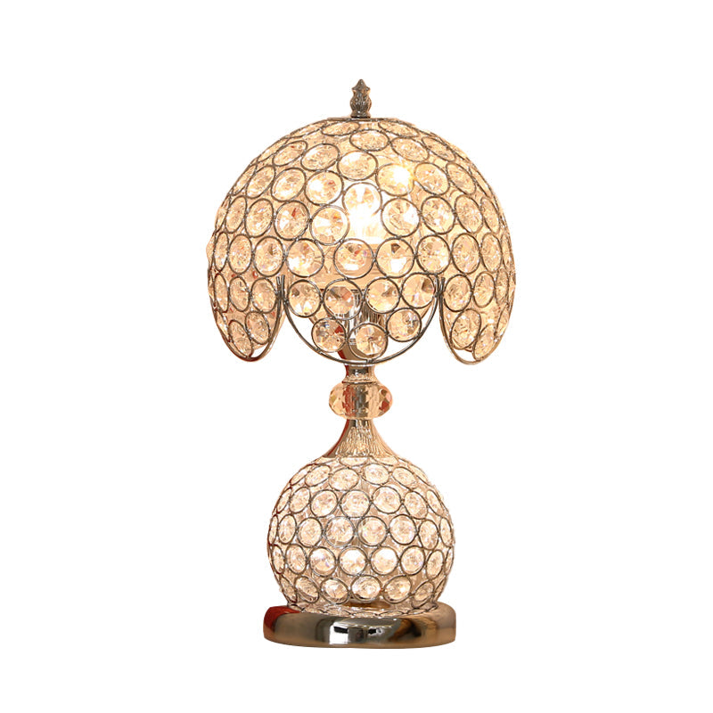 Stylish Crystal Silver Bedside Table Lamp With Scalloped Dome Design