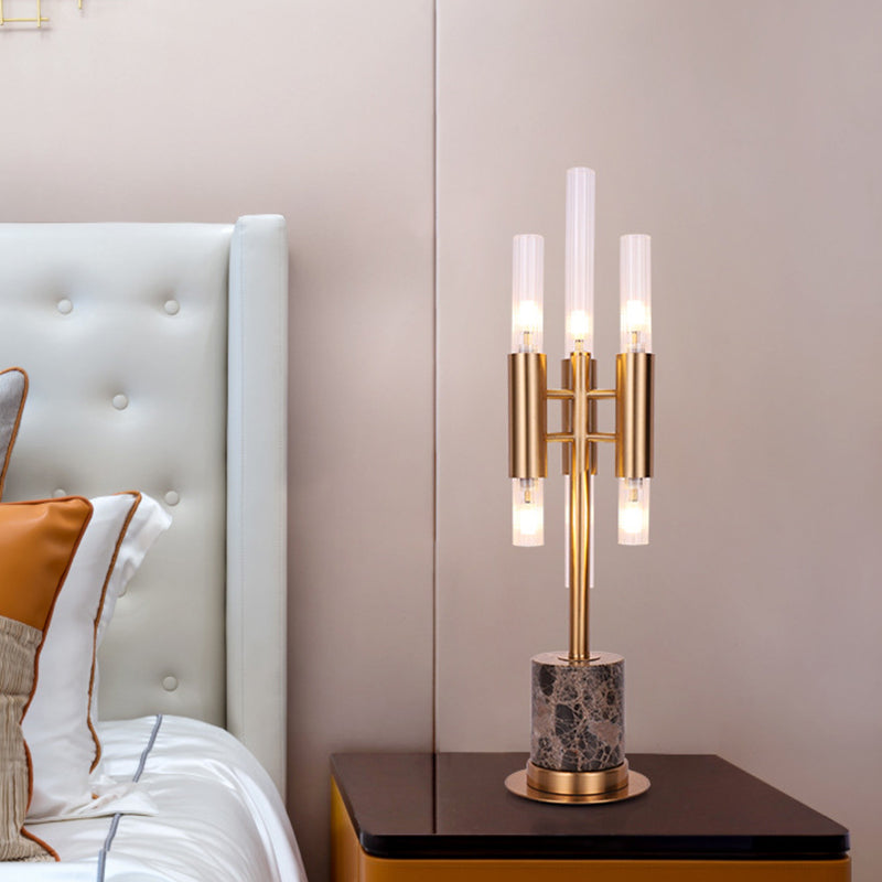 Mid-Century Hotel Nightstand Lamp With Glass Trident Led Gold Cylinder Base