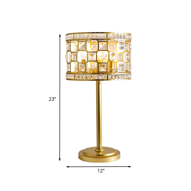 Traditional K9 Crystal Drum Table Lamp With Gold Hollowed Out Design - 3-Light Nightstand Light For