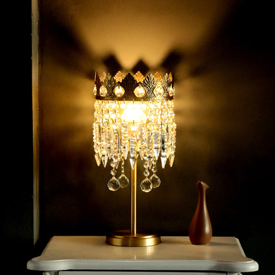 Antique Crystal Fringe Brass Nightstand Light With Carved Crown Top - 1 Bulb Table Lighting