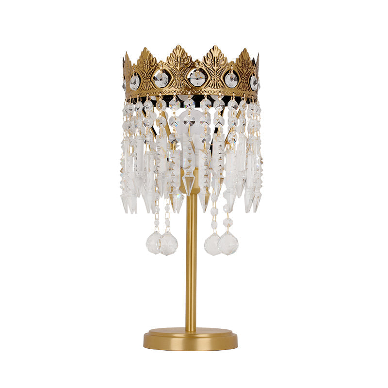 Antique Crystal Fringe Brass Nightstand Light With Carved Crown Top - 1 Bulb Table Lighting