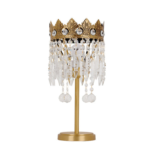 Antique Crystal Fringe Brass Nightstand Light With Carved Crown Top - 1 Bulb Table Lighting