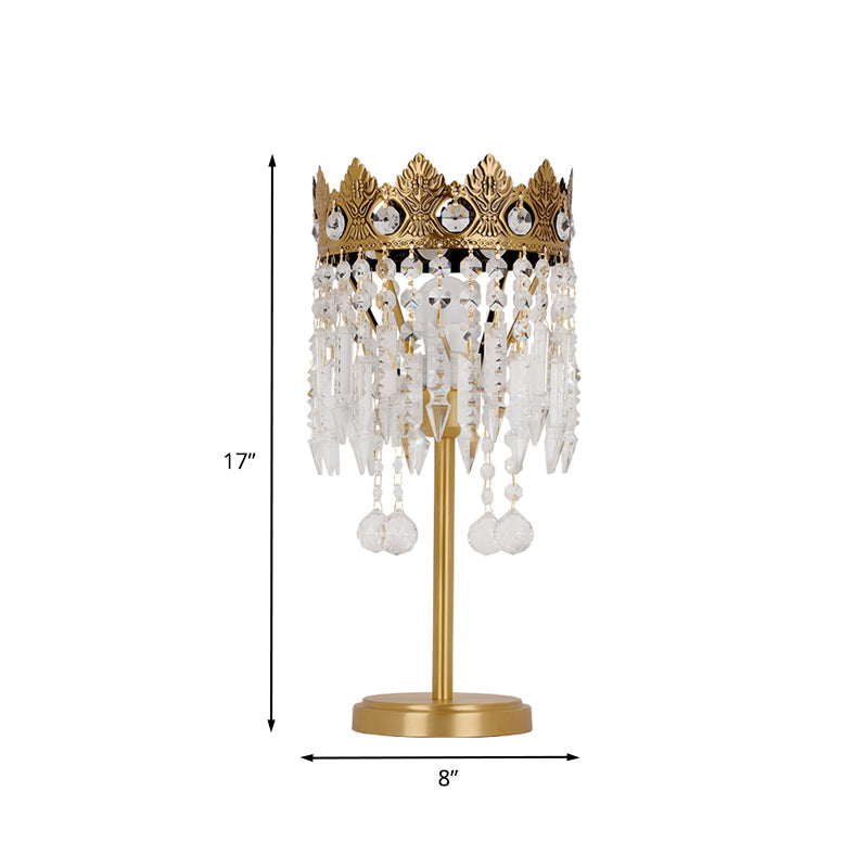 Antique Crystal Fringe Brass Nightstand Light With Carved Crown Top - 1 Bulb Table Lighting