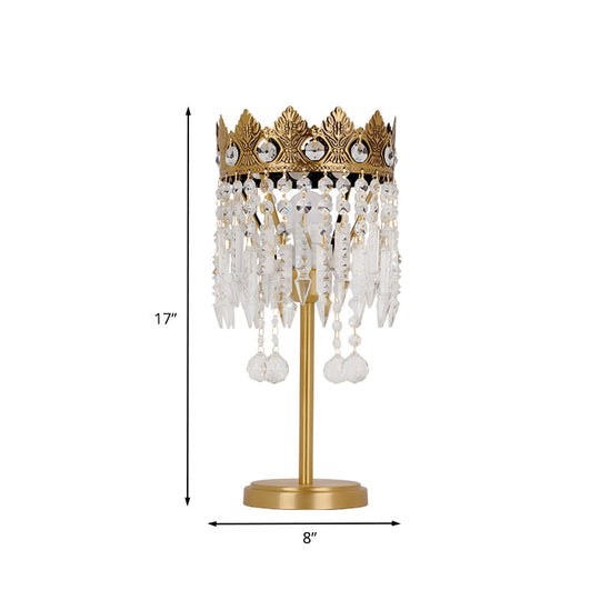 Antique Crystal Fringe Brass Nightstand Light With Carved Crown Top - 1 Bulb Table Lighting