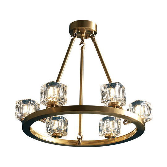 Mid-Century Brass Pendant Light: Ice Cube Crystal Chandelier with 6 Bulbs for Bedroom