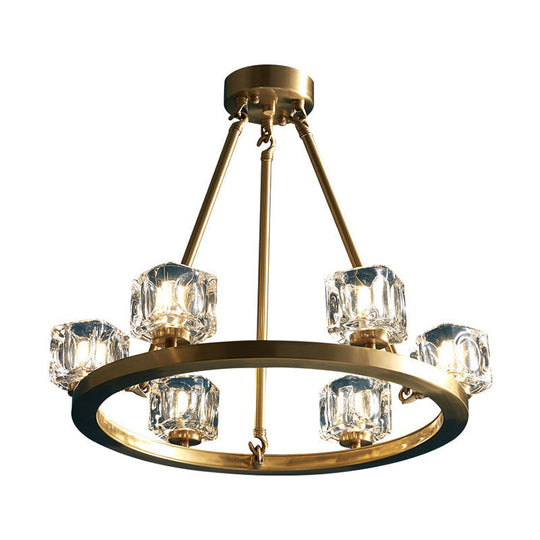 Ice Crystal Chandelier - Mid-Century Brass Pendant Light With 6 Bulbs For Bedroom