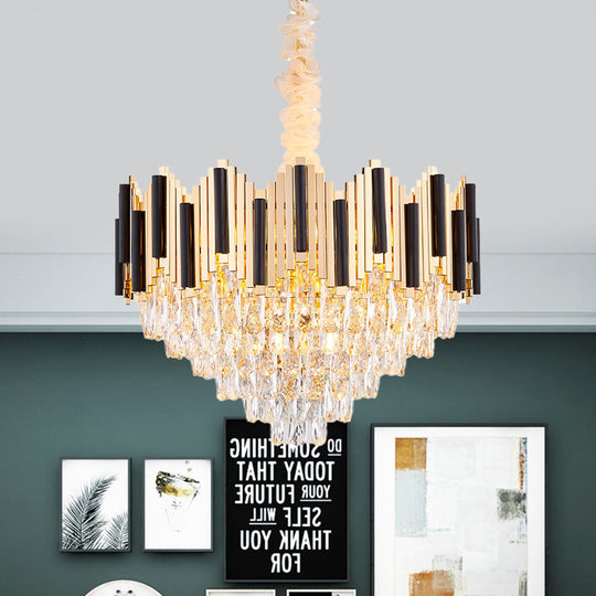 Modern Black-Gold Cone Chandelier with 6 Light Crystal Prisms - Stylish Ceiling Pendant for Living Room