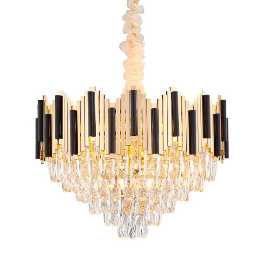 Black-Gold Cone Chandelier With Crystal Prism 6 Lights - Modern Living Room Ceiling Pendant Lamp