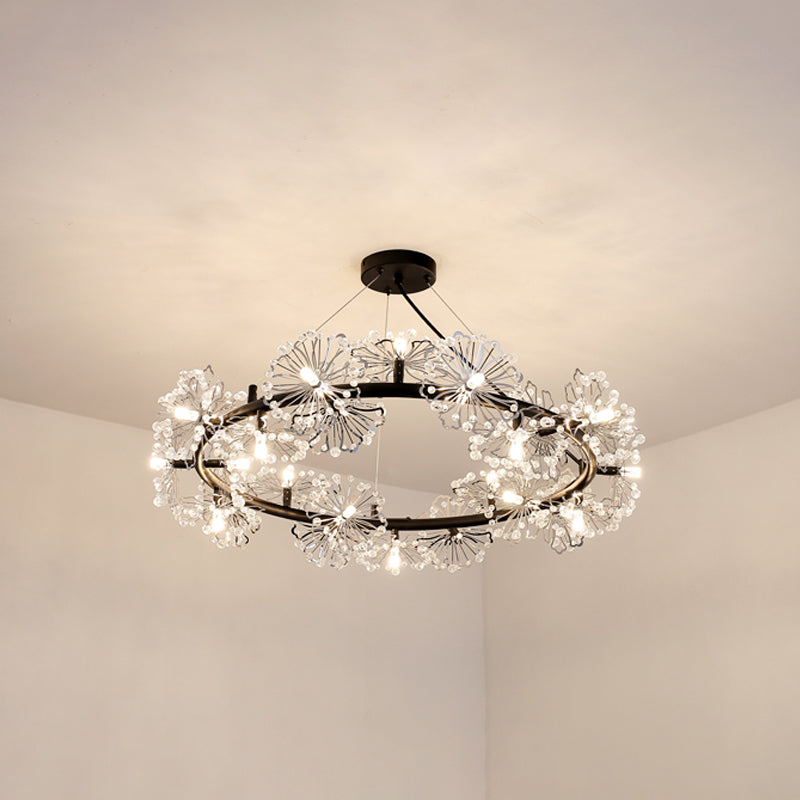 Modern Black Crystal Flower Circle Chandelier Pendant Light for Living Room - 15 Heads