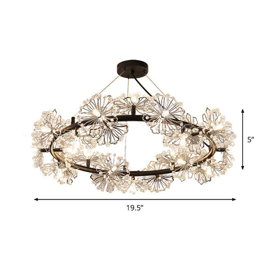 Black Crystal Pendant Light Fixture: 15-Head Flower Circle Chandelier For Modern Living Rooms