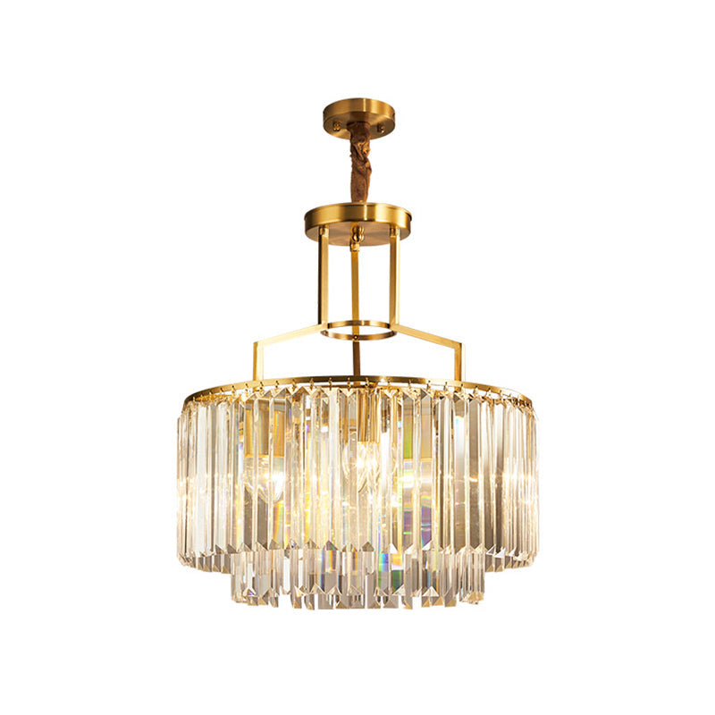 Modern Prismatic Crystal Brass Chandelier – 2-Layer Drum Design with 3 Bulbs – Stylish Hanging Light Fixture