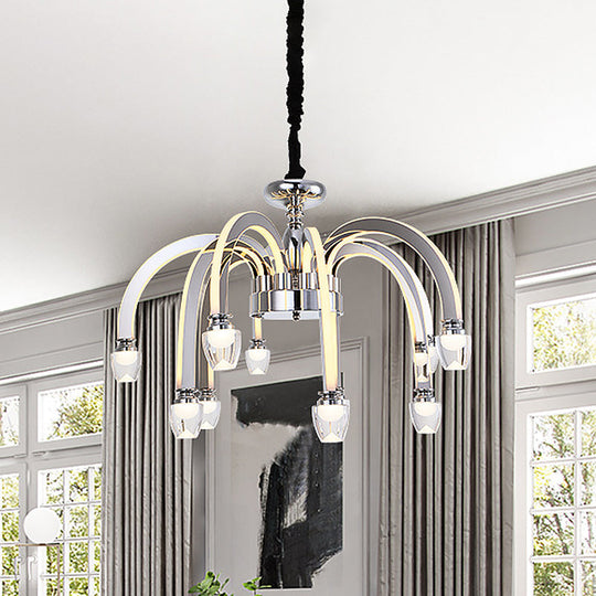 Chrome Led Chandelier - Stainless Steel Modern Design Dining Room Crystal Finial 21/27.5 Wide / 27.5