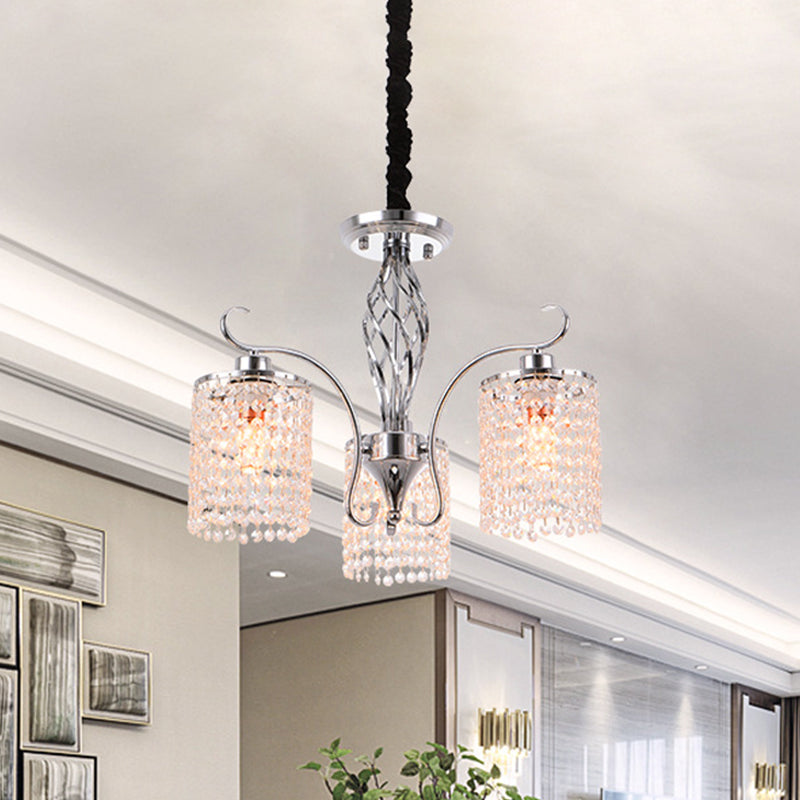 Chrome Crystal Pendant Light With 3/5-Head Modern Cylindrical Chandelier Lamp 3 /