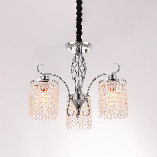 Chrome Crystal Pendant Light With 3/5-Head Modern Cylindrical Chandelier Lamp