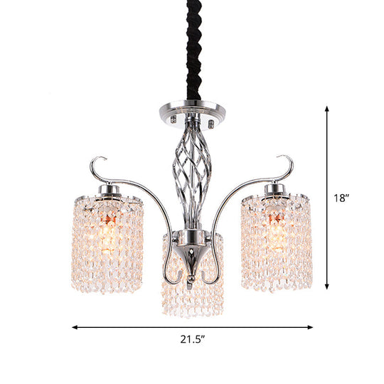 Modern Chrome Cylindrical Chandelier Lamp with Crystal Strand - 3/5-Head Hanging Pendant Light