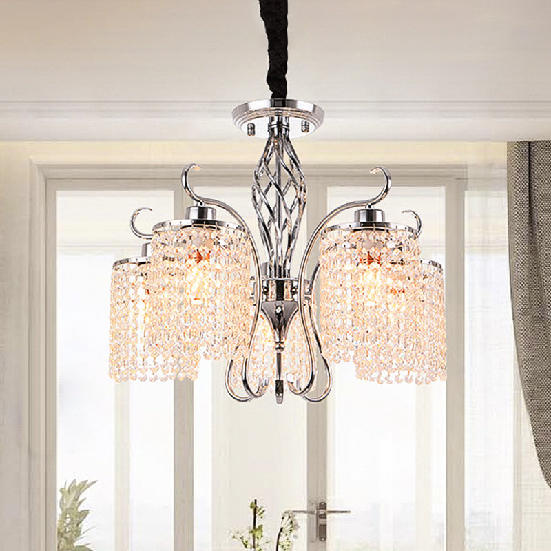 Modern Chrome Cylindrical Chandelier Lamp with Crystal Strand - 3/5-Head Hanging Pendant Light