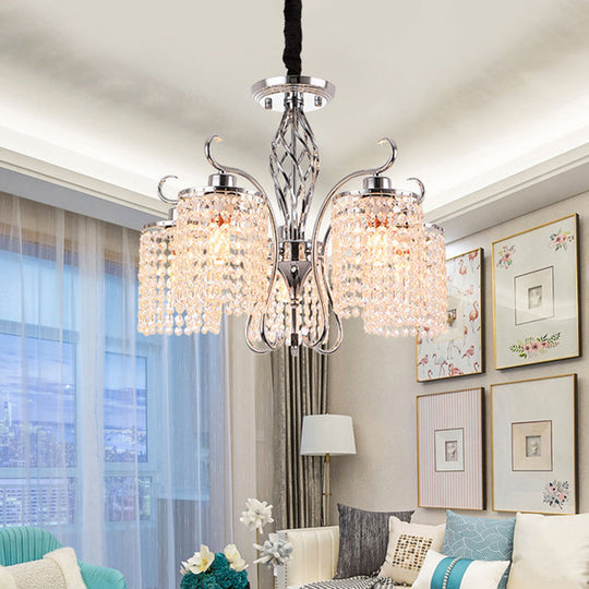 Modern Chrome Cylindrical Chandelier Lamp with Crystal Strand - 3/5-Head Hanging Pendant Light