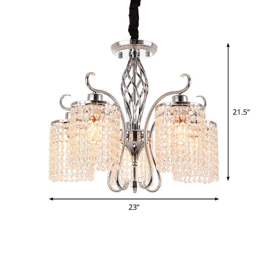 Chrome Crystal Pendant Light With 3/5-Head Modern Cylindrical Chandelier Lamp