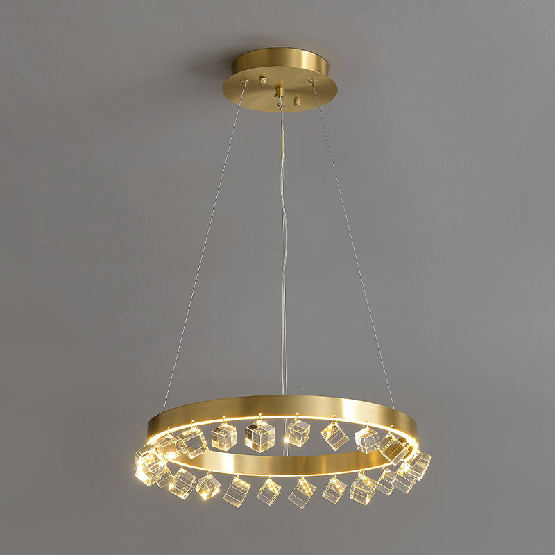 Minimalistic Metal Gold Finish Led Pendant Chandelier With Crystal Cube - Loop Kitchen Dinette